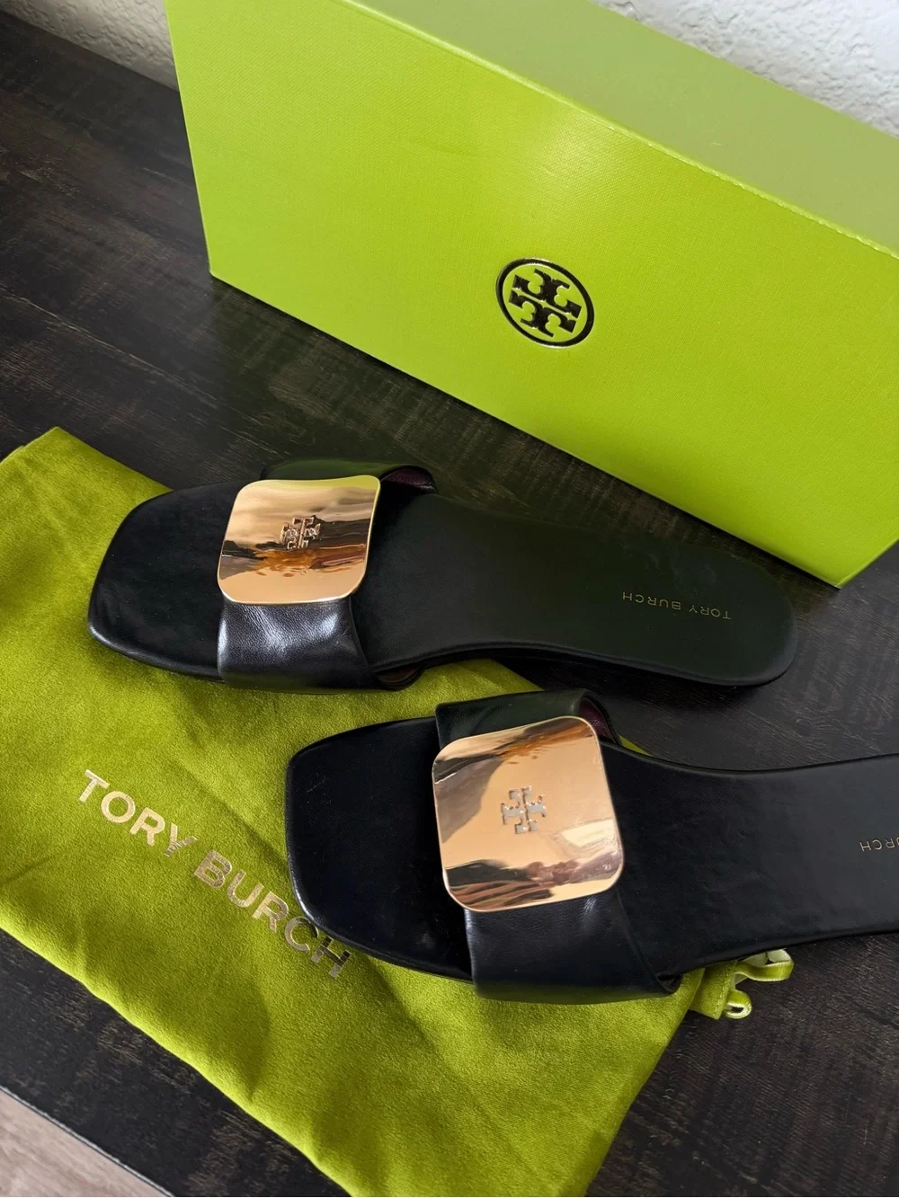 Tory Burch Black Leather Slide Sandals with Gold Logo Plate